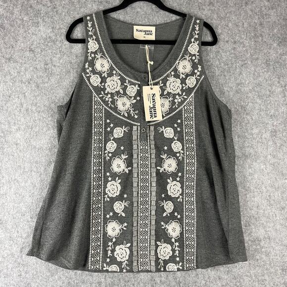 Savanna Jane Embroidered Top Women 2X Gray Floral Knit Boho Peasant Cottage NEW - Picture 1 of 12